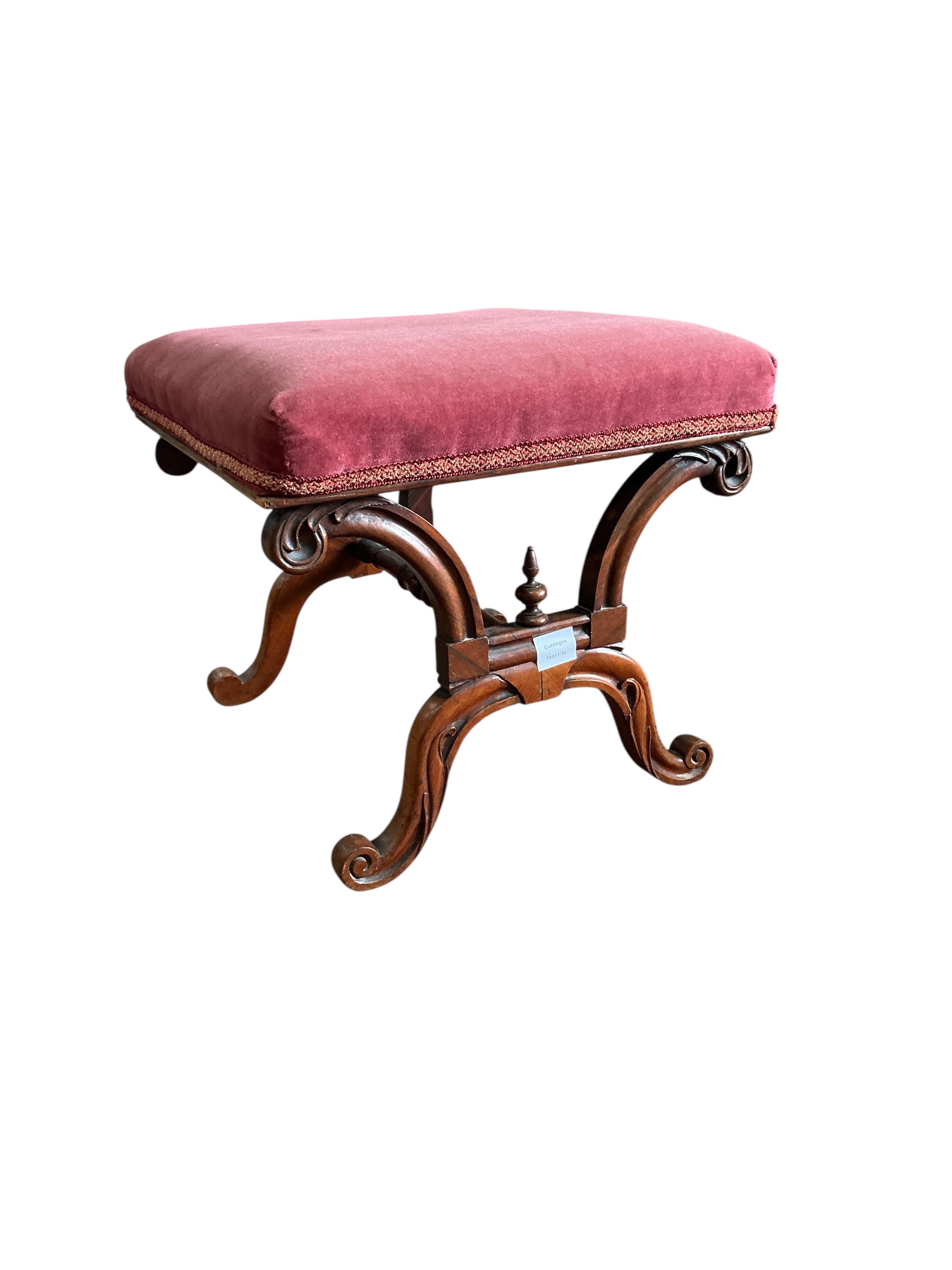 A Victorian rosewood X frame dressing stool, width 46cm, height 43cm.